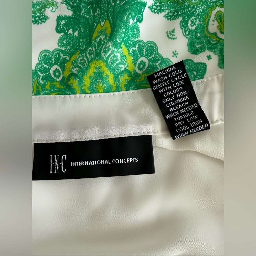 INC White Green Floral Scarf Print Blouse Women’s 4 Semi Sheer Button - Picture 6 of 8